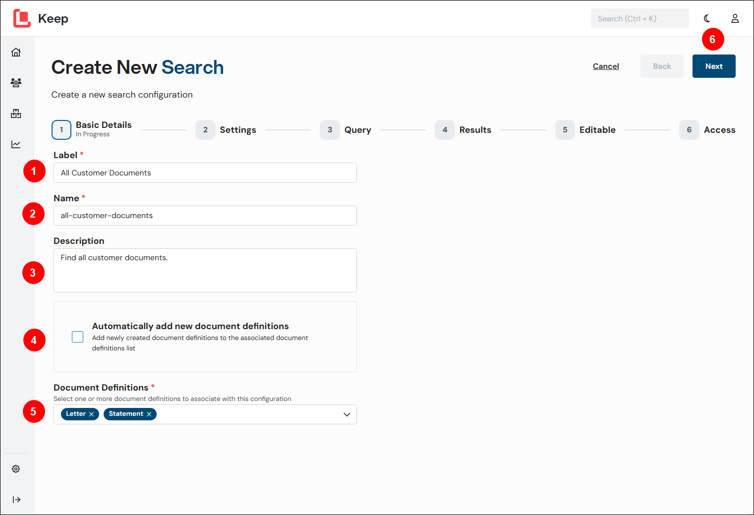 The Basic Details page of the Create New Search process.